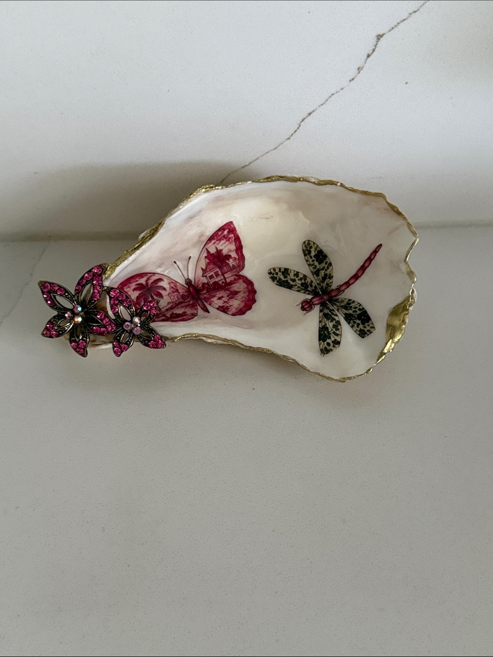 Pink Floral Butterfly & Green Dragonfly Decorative Oyster Dish